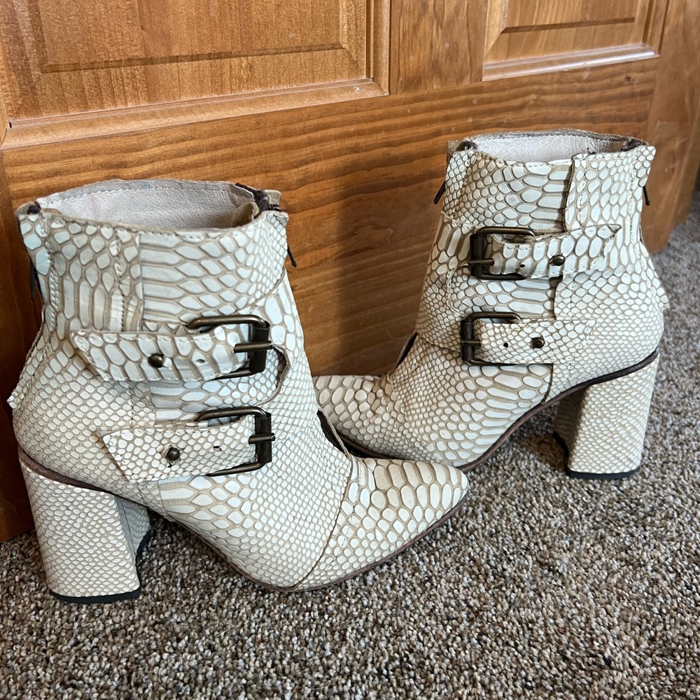 Joey Snakeskin Freebird Cream Ankle Boots with Buckles
